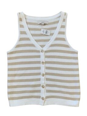 LOFT Striped Knit Sweater Tank  Neutral Coastal Button Front Cotton Medium